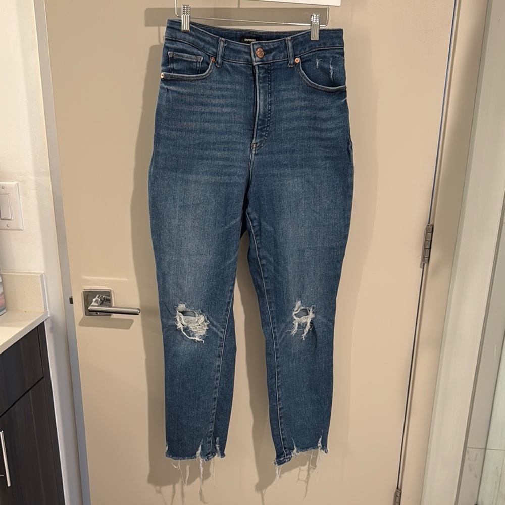 Express Blue Ankle Cropped Jeans with Raw Hem